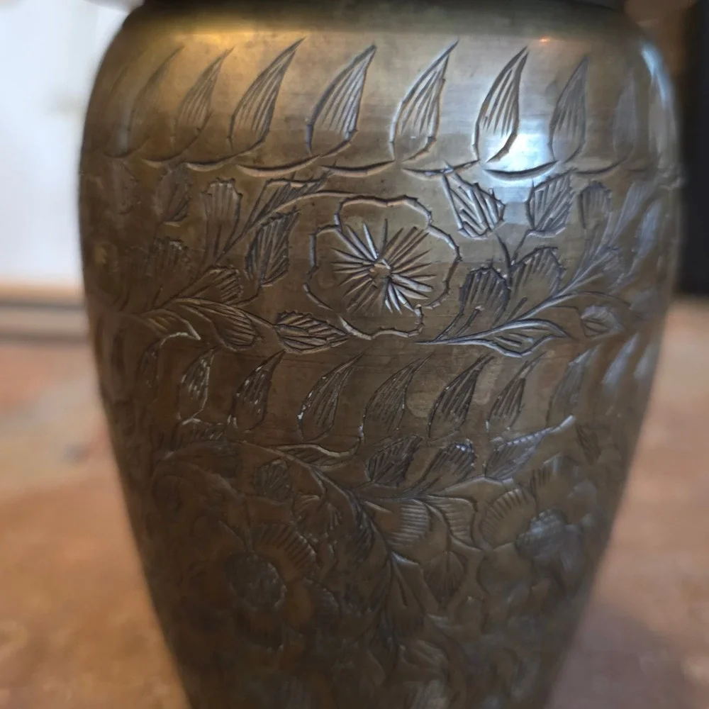 Vintage Etched Brass Martini Shaker Floral Hand Engraved 3 Piece Cobbler Shaker